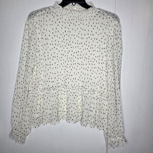 Blu Pepper Cream Long Sleeve Ruffle Peplum Top with Brown Dot Print-Size L